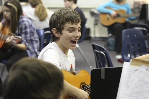 WIndsor School class of 2017 students. Quinn works on his chords in guitar class.  See Doug Speirs story on bullying. Dec 22, 2012, Ruth Bonneville  (Ruth Bonneville /  Winnipeg Free Press)