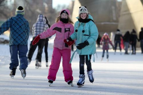 Winnipeger''s enjoyed  skating a sliding under sunny skies at The Forks  Saturday afternoon.  Longtime friends  Katy Frain (pink) and Haley Marino both ten enjoy an afternoon of skating on the Assiniboine River. Standup photo. Jan 03, 2013, Ruth Bonneville  (Ruth Bonneville /  Winnipeg Free Press)