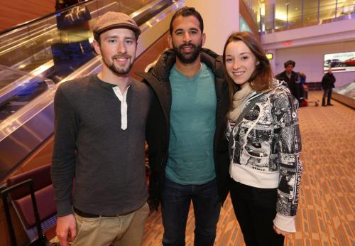 Toronto Blue Jays', Jose Bautista, middle, poses with Jacob Mosiondz, 25 and Sophia Sweatman, 20, after their flight arrived from Toronto at James Armstrong Richardson Airport, January 5, 2013. (TREVOR HAGAN/WINNIPEG FREE PRESS)