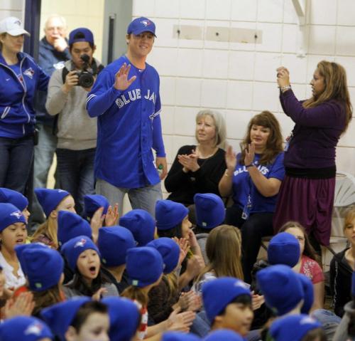 Ecole Van Walleghem School in Linden Woods were visited Toronto Blue Jays Aaron Loup this morning. The Blue Jays winter caravan picked the school at random. January 7, 2013  BORIS MINKEVICH / WINNIPEG FREE PRESS