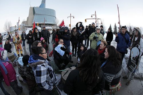January 7, 2013 - 130107  -  About 50 Idle No More protestors close the intersection of York and Waterfront in front of the Canadian Museum for Human Rights Monday January 7, 2013.  John Woods / Winnipeg Free Press CMHR