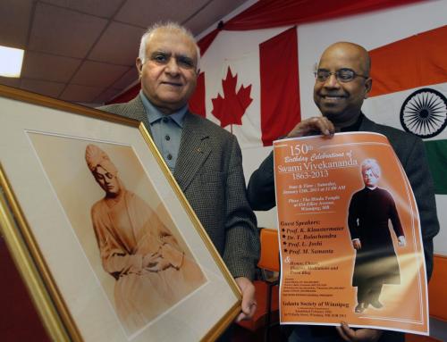 At left, Suren Mehta, vp, and Saday Shanker Ghosh, secretary of Vedanta Society of Winnipeg, they are planners of the event to mark the 150th anniversary of birth of Swami Vivekananda, founder of modern interfaith movement. Brenda Suderman story  . (WAYNE GLOWACKI/WINNIPEG FREE PRESS) Winnipeg Free Press  Jan.  8 2013