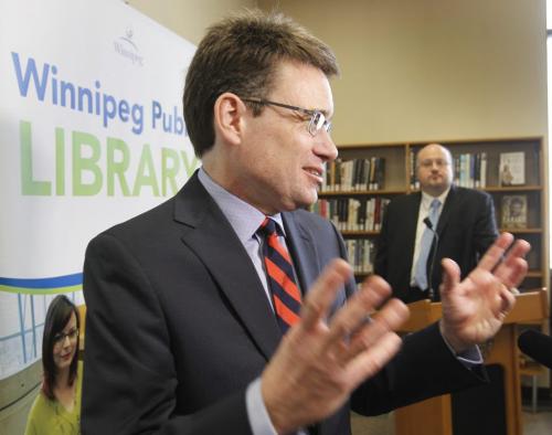 At left, St.Vital Councillor  Brian Mayes  and Councilor Russ Wyatt, Chair of Finance at news conference in the St. Vital Library Tuesday describing the renovations that will be done in the facility in 2013. Jen Skerritt story  . (WAYNE GLOWACKI/WINNIPEG FREE PRESS) Winnipeg Free Press  Jan. 8 2013
