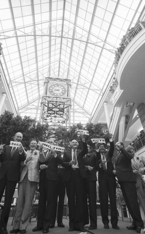 Official opening of Winnipeg's Portage Place. September 17 1987. Ken Gigliotti / Winnipeg Free Press. Most notables in photo are: Mayor Bill Norrie (2nd from left), Manitoba Premier Howard Pawley (4th from left), Manitoba Leader of the Opposition Gary Doer (6th from left).
