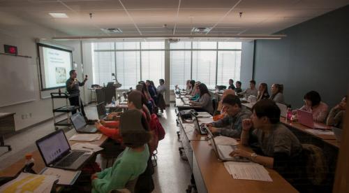 An instructor goes the history of beer in a third-floor classroom. Red River' College's new Paterson Global Foods Institute will officially open in February but classes have already started.  (Melissa Tait / WInnipeg Free Press)