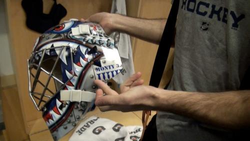 Winnipeg Jets goalie Al Montoya shows off his helmet art. January 10 2013. Tyler Walsh / Winnipeg Free Press