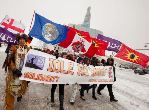 Idle No More marchers made their way from the Forks along Main and then Portage to UW around noon today. (Melissa Tait / WInnipeg Free Press)