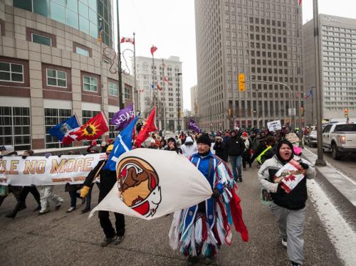Idle No More marchers made their way from the Forks along Main and then Portage to UW around noon today. (Melissa Tait / WInnipeg Free Press)