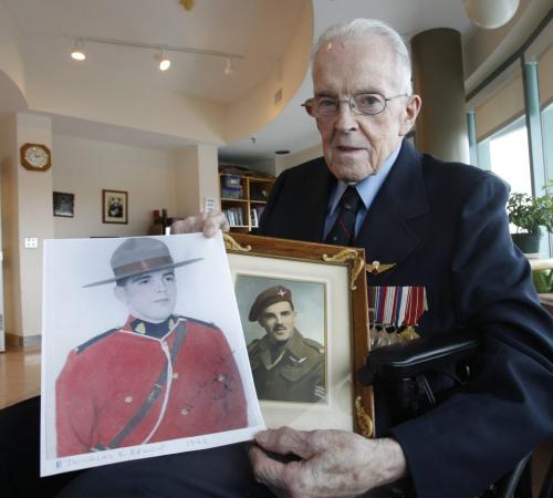 Douglas Brown with his portrait taken in 1945 when he was in the 1st Canadian Parachute Battalion and at left in 1942 when he was RCMP Sub Constable . Douglas recently turned 90 years old.   Geoff Kirbyson story  (WAYNE GLOWACKI/WINNIPEG FREE PRESS) Winnipeg Free Press  Jan. 11 2013