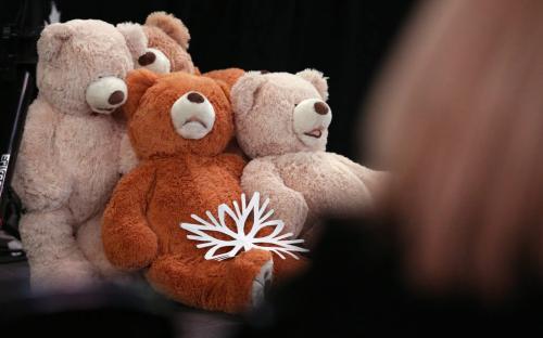 Teddy bears on stage at MTS Centre during a memorial service for victims of the Newtown Massacre, Saturday, January 12, 2013. (TREVOR HAGAN/WINNIPEG FREE PRESS)