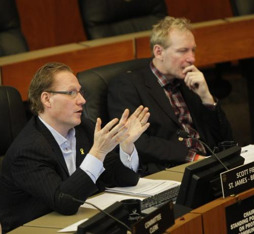 Two of the four members on the Standing Policy Committee, Protection and Community Services from left, City Councillors  Scott Fielding and Thomas Steen at meeting Monday. Jen Skerritt story  (WAYNE GLOWACKI/WINNIPEG FREE PRESS) Winnipeg Free Press  Jan. 14 2013