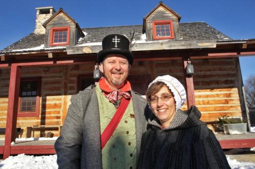 Members of the official Festival du Voyageur family Daniel St. Vincent and Jocelyne Gagnon outside the main building in Fort Gibraltar during the programming announcement for the 2013 Festival du Voyageur.  130115 January 15, 2013 Mike Deal / Winnipeg Free Press