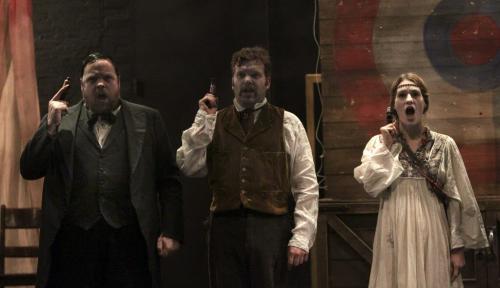 The cast of Assassins perform during a dress rehearsal in the Tom Hendry Warehouse Tuesday afternoon. Cast members (l-r) Steve Ross, Shane Carty and Janet Porter. 130115 - Tuesday, January 15, 2013 -  (MIKE DEAL / WINNIPEG FREE PRESS)