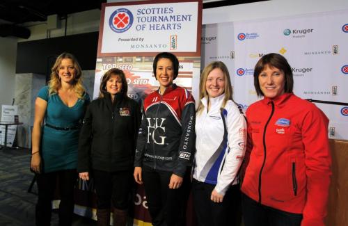 Manitoba curlers Chelsea Carey, Barb Spence, Jill Officer, Ashley Howard, and Janet Harvey at the Scotties Tournament of Hearts kickoff press conference. January 16, 2013  BORIS MINKEVICH / WINNIPEG FREE PRESS