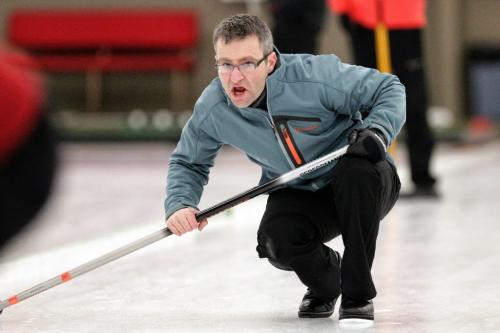 Skip Craig Brown the defending MCA champion yells to his team mates after throwing a rock in the second end of their first game of the MCA Bonspiel against the Chinese National Team during the opening night at the Granite Curling Club. 130117 January 17, 2013 Mike Deal / Winnipeg Free Press