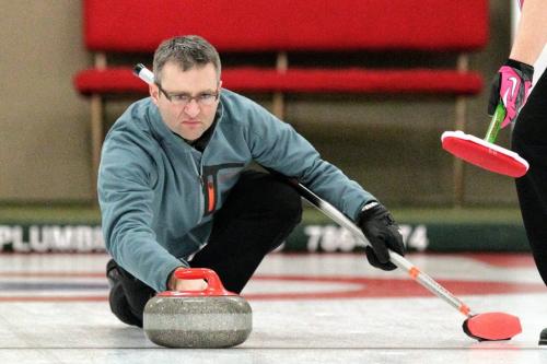 Skip Craig Brown the defending MCA champion throws a rock in the second end of their first game of the MCA Bonspiel against the Chinese National Team during the opening night at the Granite Curling Club. 130117 January 17, 2013 Mike Deal / Winnipeg Free Press