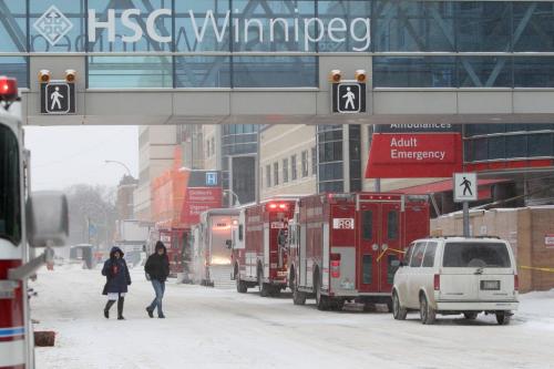 Hazmat units are on the scene on William Ave. along with several emergency vehicles and police officers in front of the main entrance to HSC for a unknown incident Saturday morning.  Traffic on William Ave. is  closed. Jan 19, 2013, Ruth Bonneville  (Ruth Bonneville /  Winnipeg Free Press)