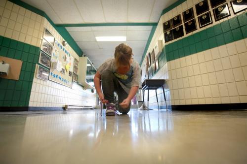 Reynolds School in the RM of Reynolds  a hour and a half east of Winnipeg has only 9 kids attending ithe school due to low enrollment. Meadow Bjorklund - 9 years ties her shoe lace in the hallway before heading to gym class.  See Nick Martin's story. Jan 16 2013, Ruth Bonneville  (Ruth Bonneville /  Winnipeg Free Press)