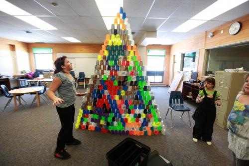 Reynolds School in the RM of Reynolds  a hour and a half east of Winnipeg has only 9 kids attending ithe school due to low enrollment. Students use stacking cups to see how high they can build their pyramid during their lunch break.  See Nick Martin's story. Jan 16 2013, Ruth Bonneville  (Ruth Bonneville /  Winnipeg Free Press)