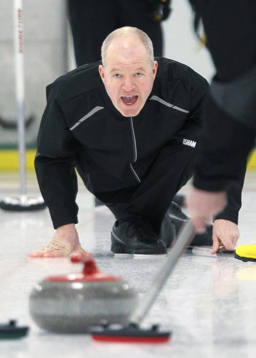 January 20, 2013 - 130120  -  Mark Lukowich curls in the Manitoba Bonspiel at West St Paul Curling Club Sunday January 20, 2013.  John Woods / Winnipeg Free Press