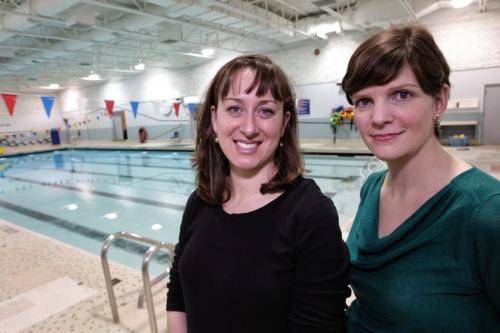 Olympians Rhiannon Leier Blacher (left) and Michelle Lischinsky Huber (right) at the Margaret Grant Pool have sent a letter to the mayor warning that Sherbrook Pool will not be the only facility at-risk of closing if Winnipeg does not properly maintain its pools. 130122 January 22, 2013 Mike Deal / Winnipeg Free Press