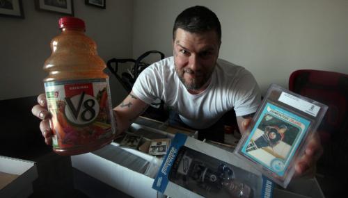 My Stuff, Hair Stylist..Jeremy Regen with his stuff, V8 Juice, White T-shirt, Andrew Ladd Bobble Head, Hockey Cards.....See Carolyn Vesely's story. January 23, 2013 - (Phil Hossack / Winnipeg Free Press)