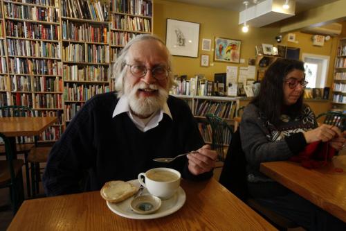 Ron Robinson has picked Neighbourhood  Bookstore & Cafe  in Wolseley  as his favourite place for soup and  Our Winnipeg feature with his wife  Carol McKibbon (right) knitting  Sunday Xtra  dave connors -  KEN GIGLIOTTI / JAN. 25 2013 / WINNIPEG FREE PRESS