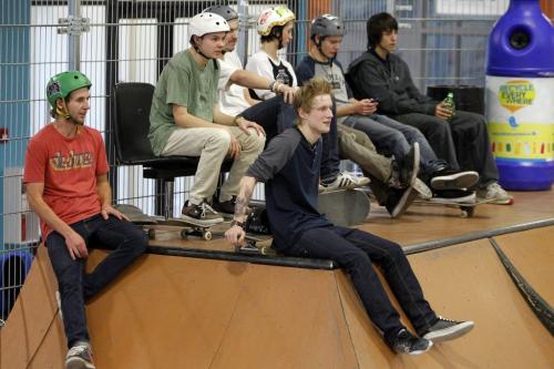 Skateboarders watching a game of S-K-A-T-E at The Edge Skatepark, Saturday, January 26, 2013. The game is similar to playing horse. (TREVOR HAGAN/WINNIPEG FREE PRESS)