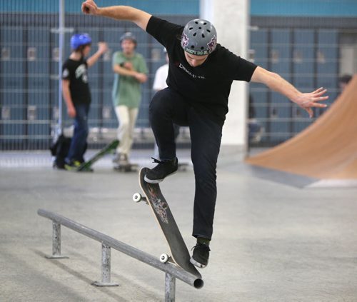 Jared Arnason, 21, a skateboarder, warming up prior to playing a game of S-K-A-T-E at The Edge Skatepark, Saturday, January 26, 2013. The game is similar to playing horse. (TREVOR HAGAN/WINNIPEG FREE PRESS)
