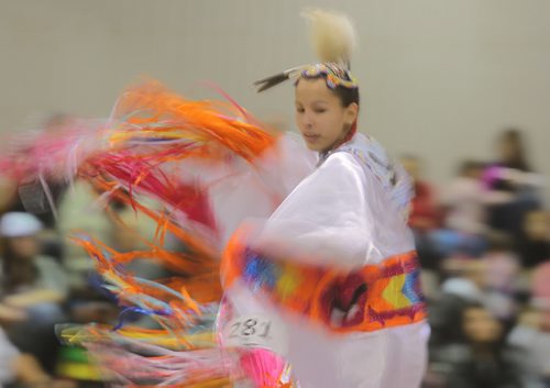 Brandon Sun Fancy dancers perform during Saturday's pow wow competition at the annual Dakota Nation Winterfest held at the Keystone Centre. (Bruce Bumstead/Brandon Sun)