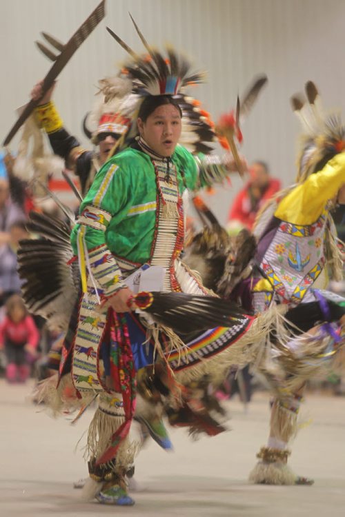 Brandon Sun Stephen Bunn of Birdtail Sioux, performs a grass dance during Saturday's pow wow competition at the annual Dakota Nation Winterfest held at the Keystone Centre. (Bruce Bumstead/Brandon Sun)