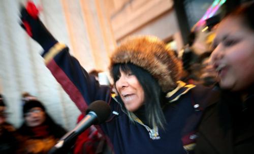 Buffy Saint Marie rallys protestors  on the steps at Manitoba Legislature Monday. Several hundred protestors gathered Monday at the Legislature to attend the National Day of Protest. See Bart Kives story. January 28, 2013 - ((Phil Hossack / Winnipeg Free Press)