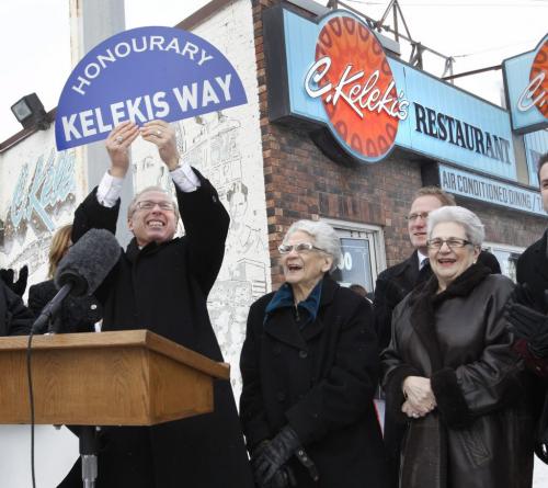 Mayor Sam Katz and City Councillors were outside Kelekis Restaurant Wednesday on it's final day of operation along with Mary Kelekis (centre)  and her sister Becky Walker to announce the  honourary street designation. A section of Main St. between Aberdeen Ave. and Redwood Ave. in honour of the Kelekis family will be marked Kelekis Way.    (WAYNE GLOWACKI/WINNIPEG FREE PRESS) Winnipeg Free Press  Jan. 30 2013