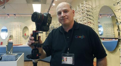 Hart Macklin with his photography equipment in the Armstrong + Small, Eye Care Clinic, he shoots interior tours for Google. Macklin is taking pictures of businesses all over town for Google Business. It's all part of Google expanding its Streetview concept and people googling businesses like never before. Geoff Kirbyson story (WAYNE GLOWACKI/WINNIPEG FREE PRESS) Winnipeg Free Press  Jan.31  2013