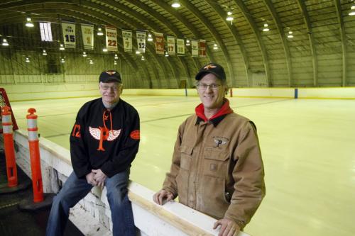 Jp Bend Memorial Arena in Poplar Point ,helped  organize event  preparing 100 Years of Hockey Celebration and fund raiser Feb 8 . - left Bill Leslie  was a player on the 1956-57 Provincial Championship team ,right  Perry Dickenson ' dad played on the same team  are helping to organized  fundraiser   event to support the arena & local  hockey history displays Äì ashley prest story  KEN GIGLIOTTI / JAN. 31 2013 / WINNIPEG FREE PRESS