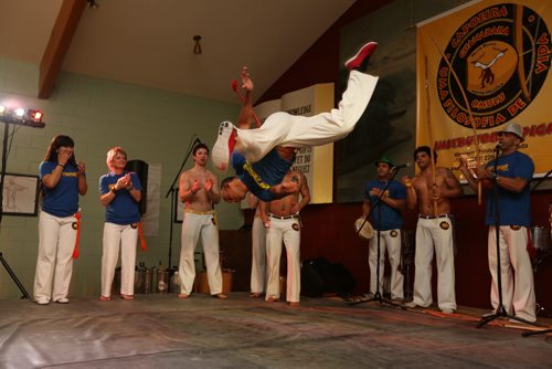 Brandon Sun Martial artists demonstrate the traditional form of capoeira at the Brazilian pavilion on the opening night of the 10th annual Lieutenant Governor's Winter Festival. (Colin Corneau/Brandon Sun)