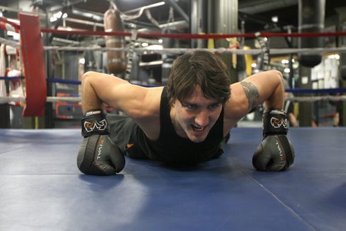 Federal Liberal leadership candidate Justin Trudeau works out hard Friday night doing a boxing work out session at the Pan Am Boxing Club  He will take place in a leadership candidate debate at 1 p.m. at the Metropolitan Theatre in Winnipeg Saturday afternoon.- February 01, 2013   (JOE BRYKSA / WINNIPEG FREE PRESS)