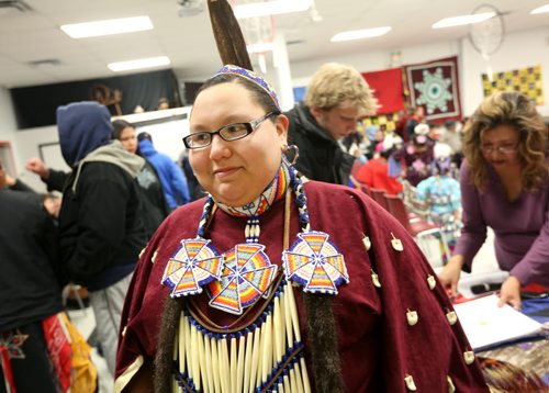Brandon Sun Verna Fiddler-Lynx prepares for her performance at the First Nations pavilion, Friday night during the 10th annual Lieutenant-Governor's Winter Festival. (Colin Corneau/Brandon Sun)