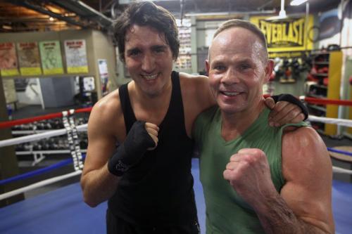 Federal Liberal leadership candidate Justin Trudeau  atPan Am Boxing Club with owner Harry Black during his boxing work out session at the He will take place in a leadership candidate debate at 1 p.m. at the Metropolitan Theatre in Winnipeg Saturday afternoon.- February 01, 2013   (JOE BRYKSA / WINNIPEG FREE PRESS)