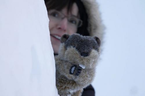 At Oak Hammock Marsh, Nathalie Bays helps Manitoba Merv check for his shadow this morning, which predicts that we will see 6 more weeks of winter, Saturday, February, 2013. (TREVOR HAGAN/ WINNIPEG FREE PRESS)