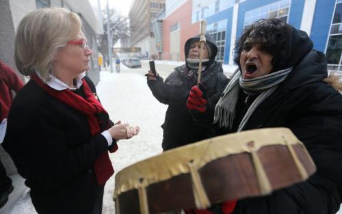 Idle No More protesters disrupted the start of the Liberal debate at the Metropolitan Theatre, Saturday, February 2, 2013.(TREVOR HAGAN/ WINNIPEG FREE PRESS)