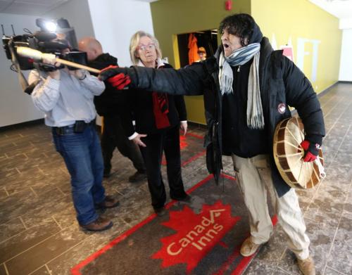 Idle No More protesters disrupted the start of the Liberal debate at the Metropolitan Theatre, Saturday, February 2, 2013.(TREVOR HAGAN/ WINNIPEG FREE PRESS)
