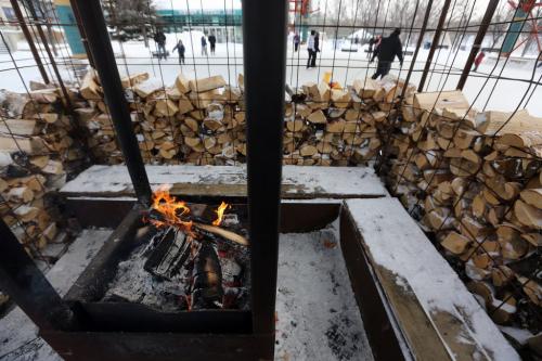 The fire burns in the "Woodpile" warming hut at The Forks, Saturday, February 2, 2013. (TREVOR HAGAN/WNNIPEG FREE PRESS)