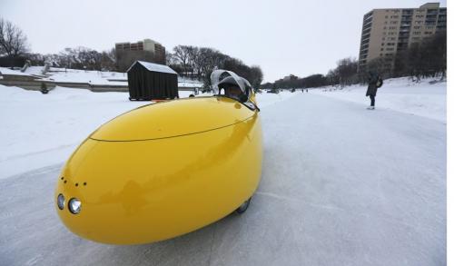 Kevin Champagne turns heads in his Velomobile on the Red River, Saturday, February 2, 2013. (TREVOR HAGAN/WNNIPEG FREE PRESS)