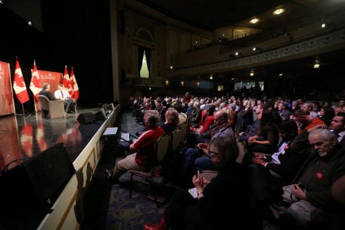 Federal Liberal leadership hopeful, Justin Trudeau, speaking with moderator, Harvey Locke during a debate at the Metropolitan Theatre, Saturday, February 2, 2013. (TREVOR HAGAN/WNNIPEG FREE PRESS)