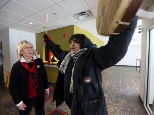 An Idle No More protestor interrupts the Liberal leadership debate at the Metropolitan Theatre, Saturday, February 2, 2013. (TREVOR HAGAN/WNNIPEG FREE PRESS)