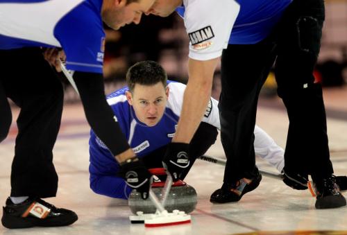 2012 provincial champion, Rob Fowler skated to an easy 8-2 in six ends over Thompson's Grant Brown Wednesday afternoon at the Safeway Championship in Neepawa.. See Wiecek's story. February 6, 2013 - (Phil Hossack / Winnipeg Free Press)