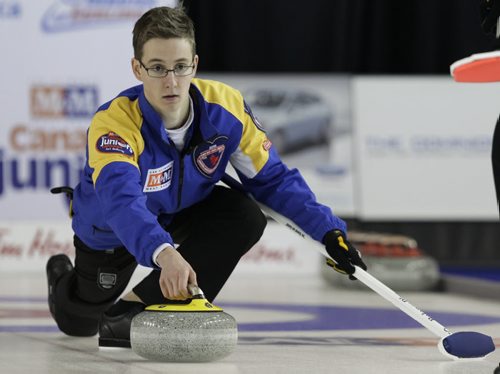 Feb 9/13 - Fort McMurray, AB - M&M Meat Shops Junior Curling Championships - Mens Final - Alberta second, Landon Bucholz  - CCA/Michael Burns Photography/Mark O'Neill Photo