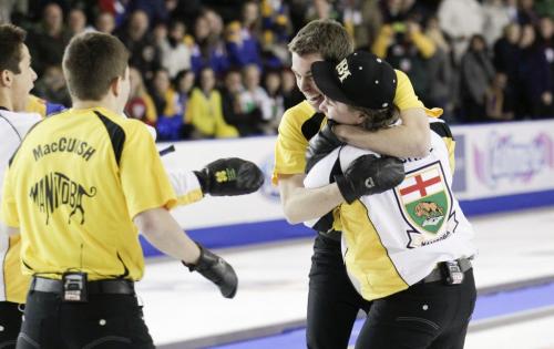 Feb 9/13 - Fort McMurray, AB - M&M Meat Shops Junior Curling Championships - Men's Final - Manitoba celebrates win over Alberta - CCA/Michael Burns Photography/Mark O'Neill Photo
