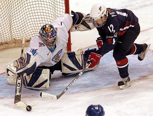 BORIS MINKEVICH / WINNIPEG FREE PRESS  070408 USA vs. FINLAND WOMENS HOCKEY  Second Period. Fin goalie #1 Raty Noora robs USA #12 Jenny Potter.